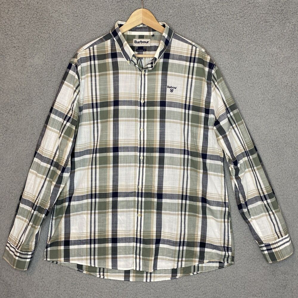 Barbour Tailored Fit Plaid Blue Green Beige Men's Size XL 100% Cotton LS Lightwt